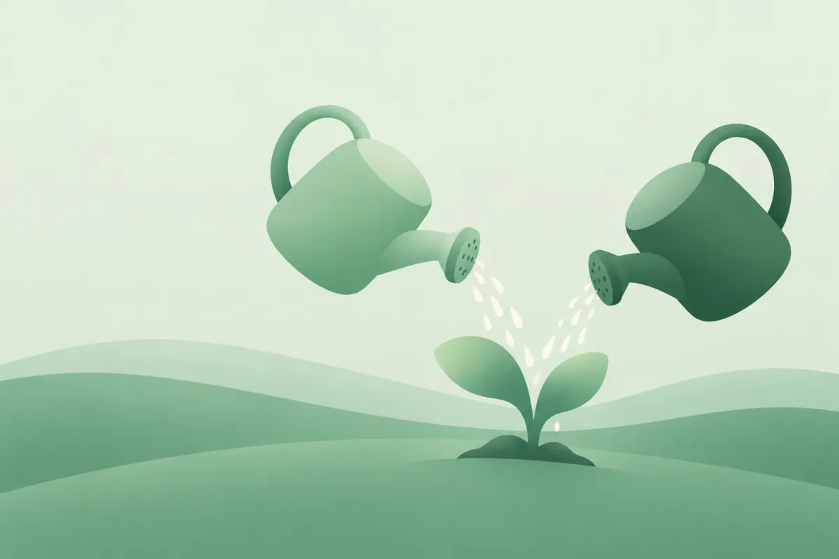 Two watering cans and a sprout