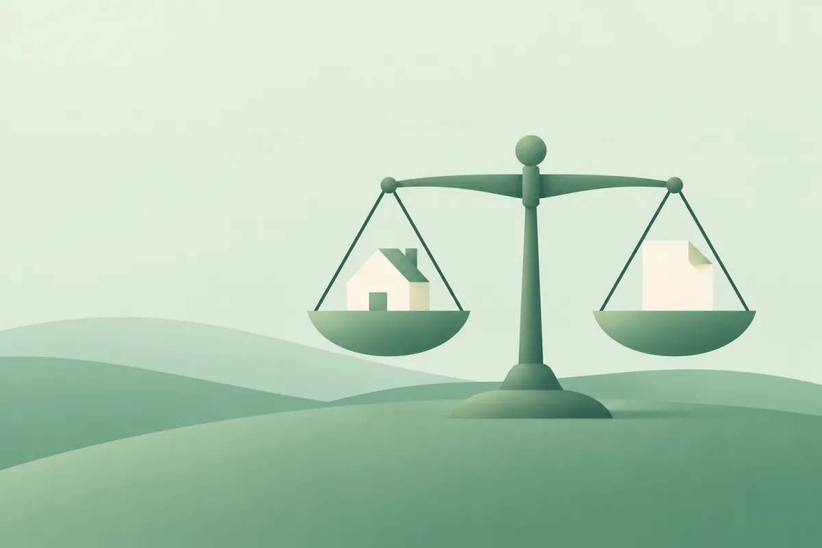 A balance scale with a house and a paper