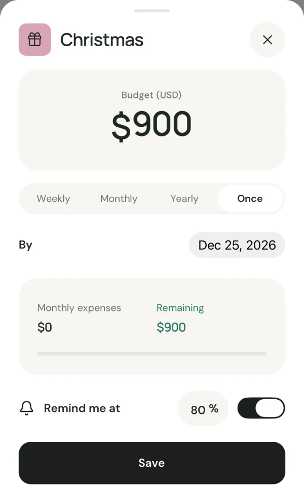 Oaktally category sheet: Christmas, $900 budget, set to Once by Dec 25, 2026, with Remind me at 80% on.