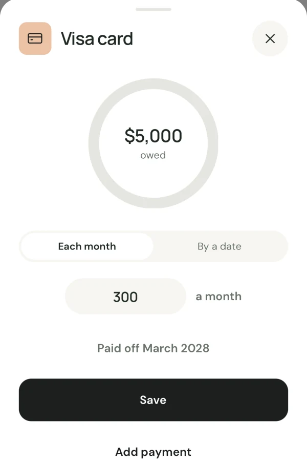 Oaktally debt sheet: Visa card, $5,000 owed, $300 each month, paid off March 2028, with Add payment.